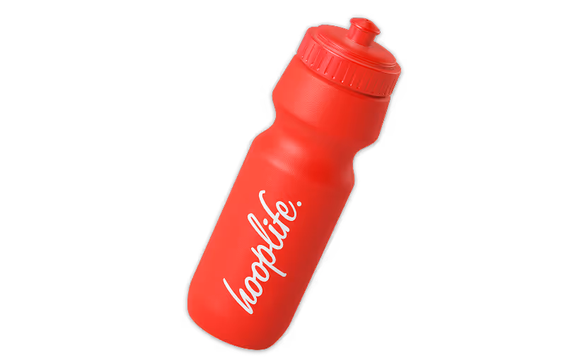 Red sports water bottle with a flip-top cap and the word 'hooplife.' written on the side in white script.