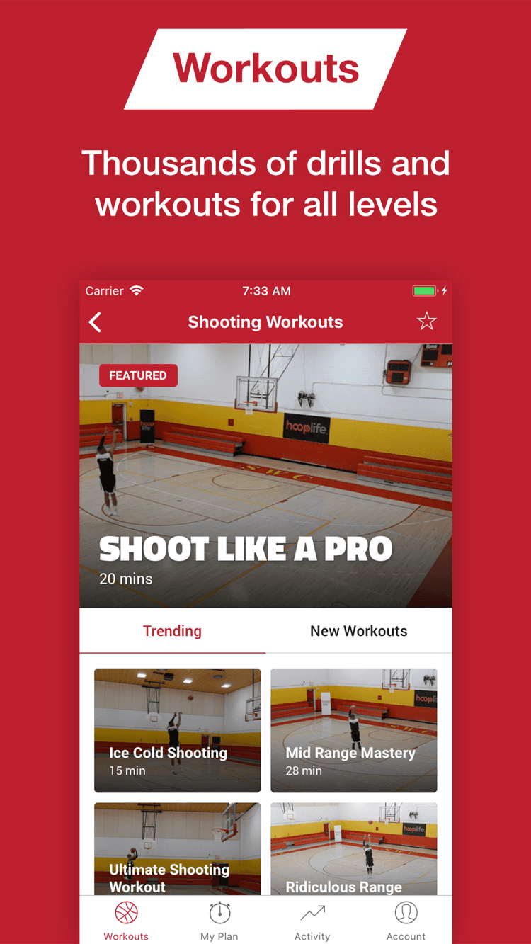 The HoopLife app workouts library, with thousands of drills and workouts for all levels