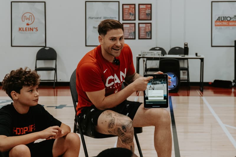 Marek Klassen reviewing film with kids at the HoopLife Centre