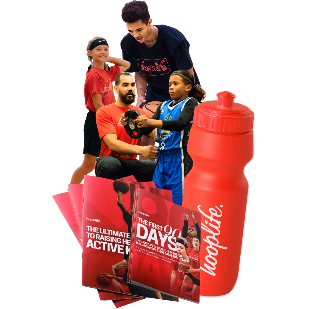 Collage of youth basketball coaching with kids, a red Hooplife water bottle, and basketball training guides.