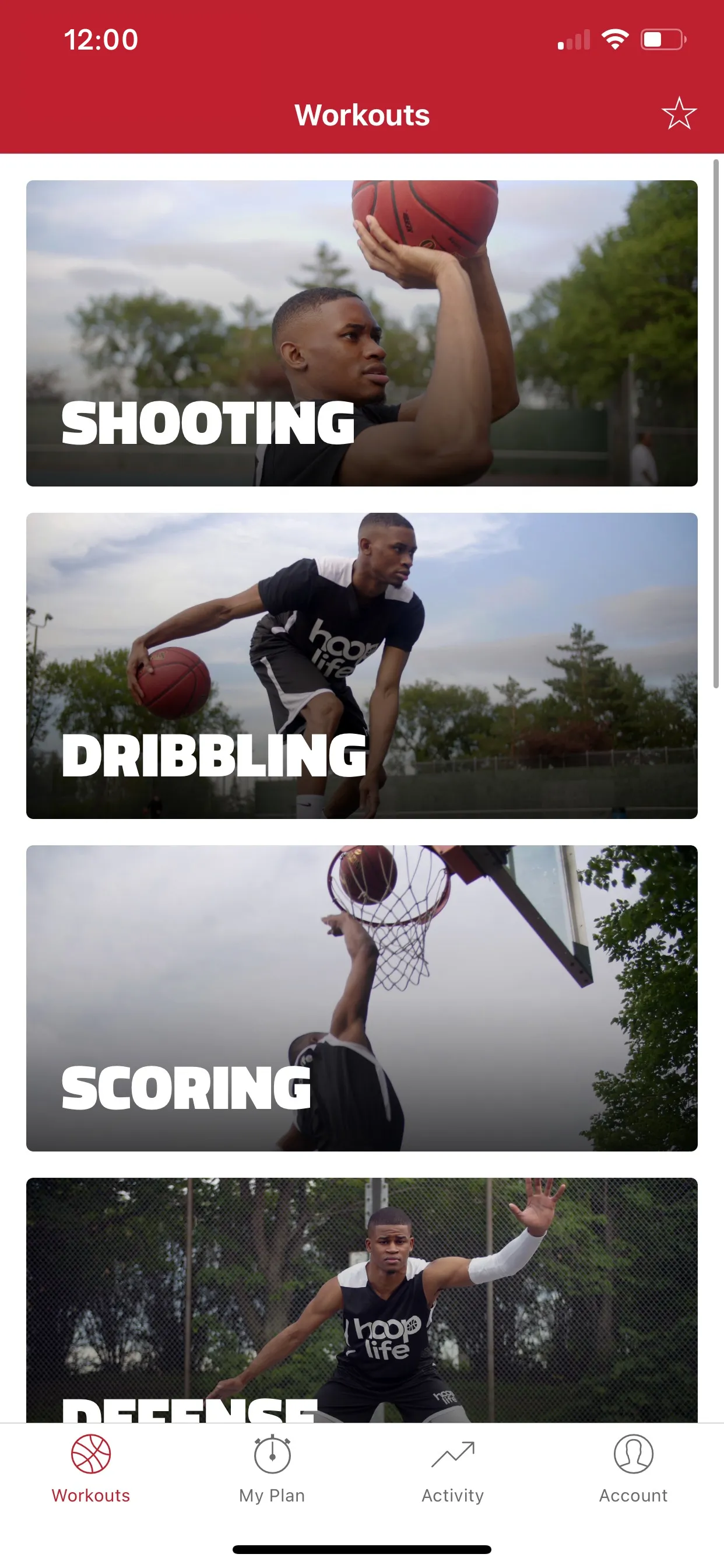 Screenshot of HoopLife App Displaying Shooting, Dribbling, Scoring, and Defence