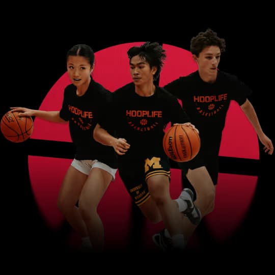 Three teenagers playing basketball, wearing black HoopLife basketball t-shirts, holding basketballs in action poses.