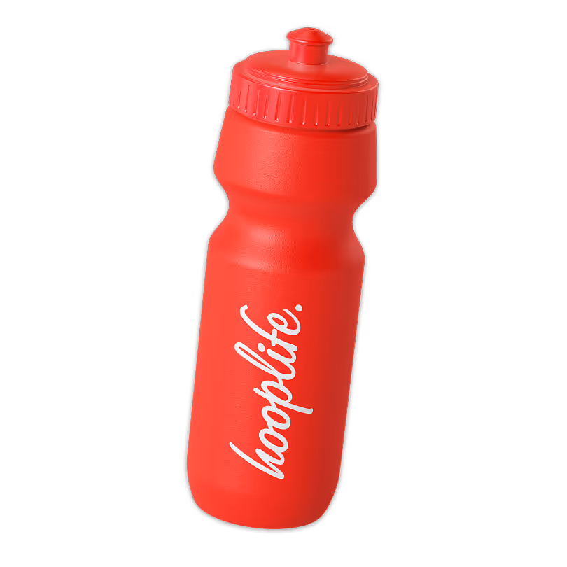 Red sports water bottle with a flip-top lid and the word 'hooplife.' printed in white.